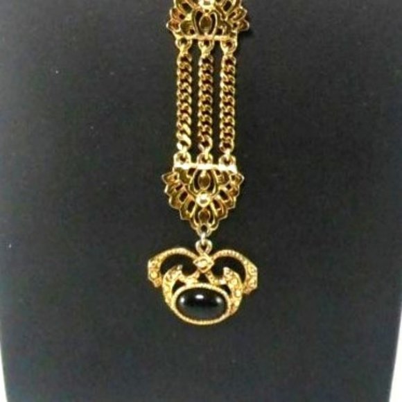 Ornate Multitiered Dangle Regency Pendant Brooch Necklace with Onyx in Gold Tone - Picture 5 of 6